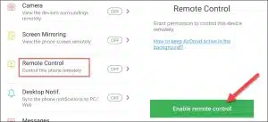 فعّل ميزة Remote Control من خلال Enable Remote Control