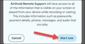سيُطلب منك منح الإذن لبث الشاشة باستخدام تطبيق AirDroid