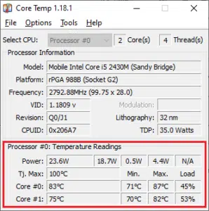 واجهة برنامج Core Temp