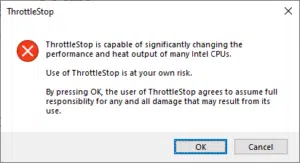 رسالة التحذير التي تظهر عند فتح برنامج ThrottleStop لأول مرة