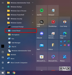 لوحة التحكم في قائمة ابدأ